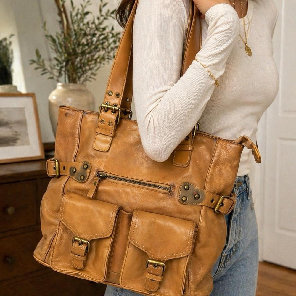 Marco Avane (italy) Y2K Leather Cargo Pocket Tote Bag Tan Shoulder Bag Vintage - Picture 2 of 8